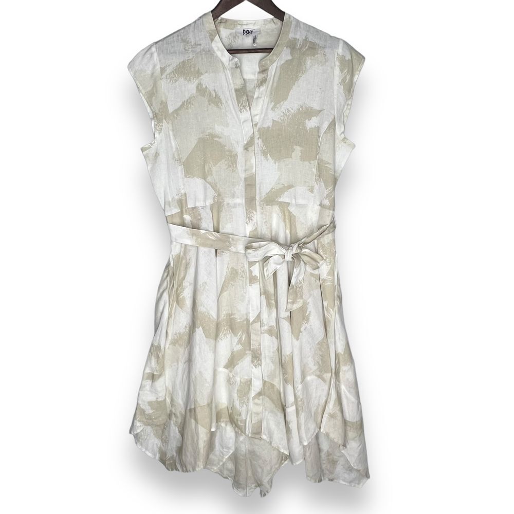 DKNY Dress Linen Tie Waist Beige White‎ Asymmetrical Hem Hidden Button Front 10 - Picture 2 of 14